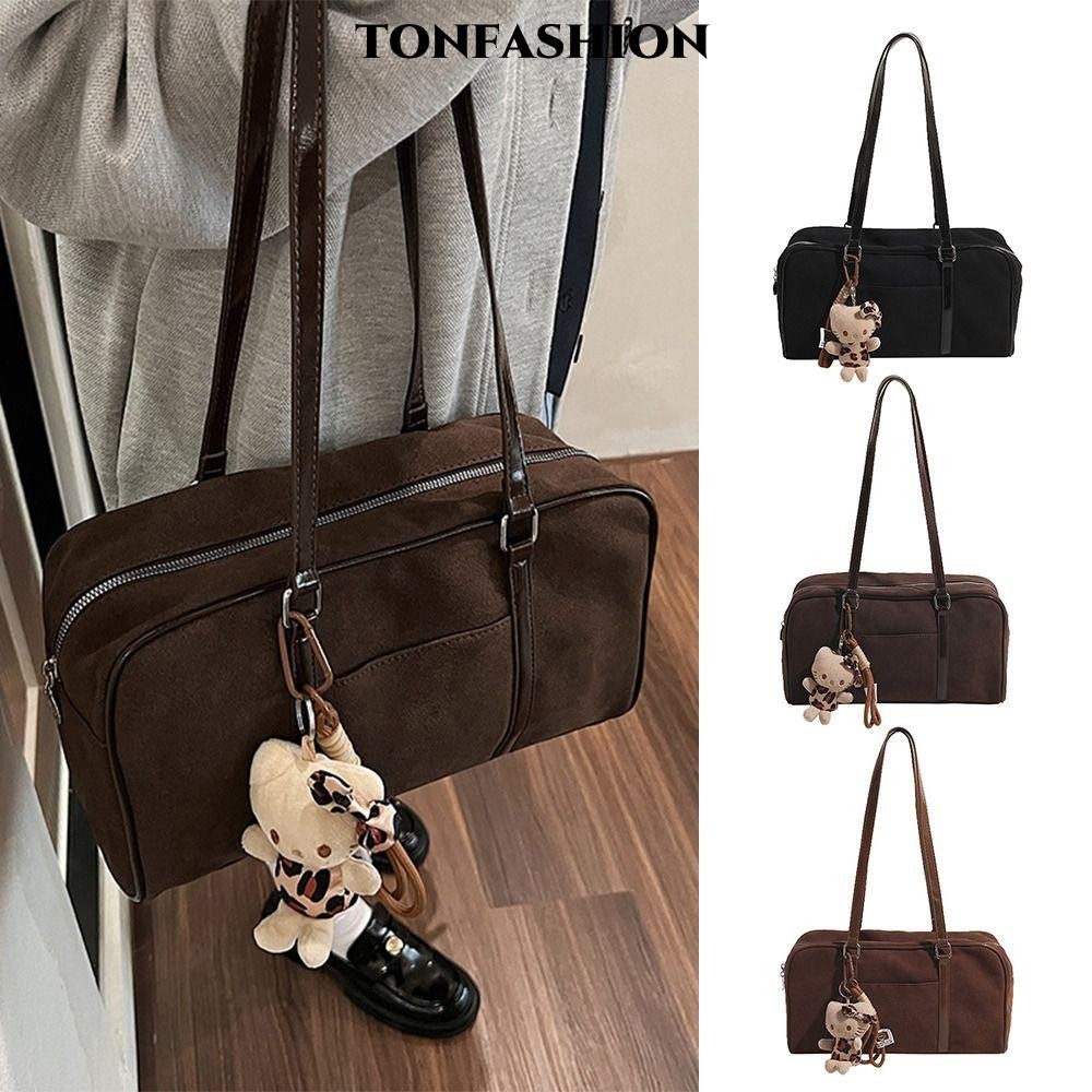 Tonfashion กระเป๋าสะพาย,พร้อมจี้แมวขนาดใหญ่ความจุ Suede Boston Tote Bag, ของขวัญสร้างสรรค์ PU Harajuku Y2K กระเป๋าถือผู้หญิง