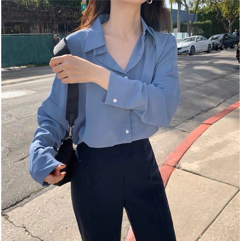 PKB2761 เชิ้ตผู้หญิงสีฟ้าเรียบๆ แขนยาวผ้าเบาสบาย เสื้อเชิ้ตคอปก เสื้อปกเชิ้ตทำงาน Blue /Freesize อก4