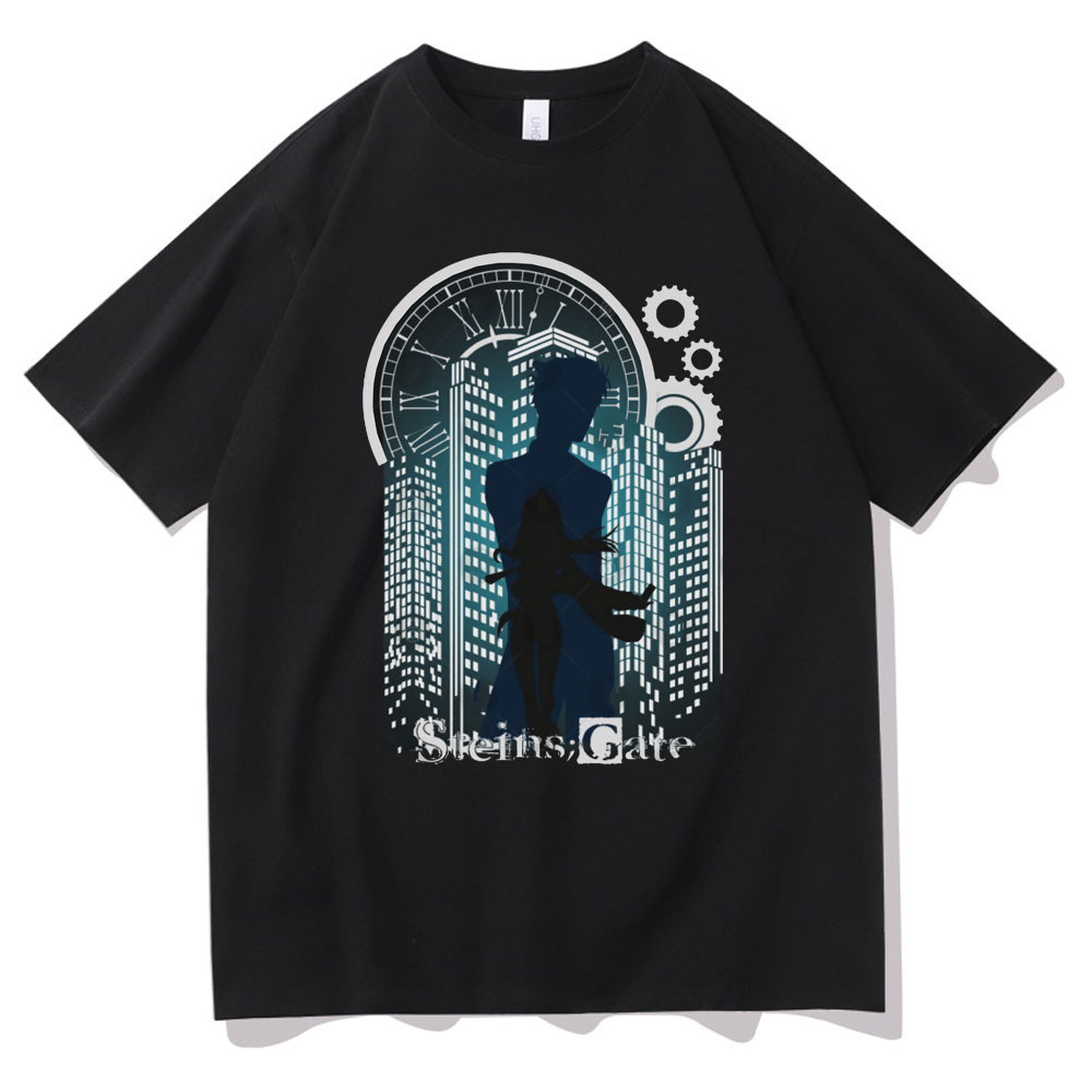 อะนิเมะ Vintage Steins Gate Tshirt มังงะ Okabe Rintarou Makise Kurisu เสื้อยืดขนาดใหญ่ผู้ชาย Harajuk