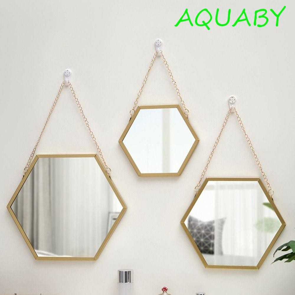 Aquaby กระจกโซ่เหล็กหกเหลี่ยม, กระจกติดผนังหัตถกรรมเหล็กรูปทรงหกเหลี่ยม, กระจกเครื่องสําอางแบบแขวนที่ไม่ซ้ํากันนอร์ดิกอเนกประสงค์อ่างล้างหน้า