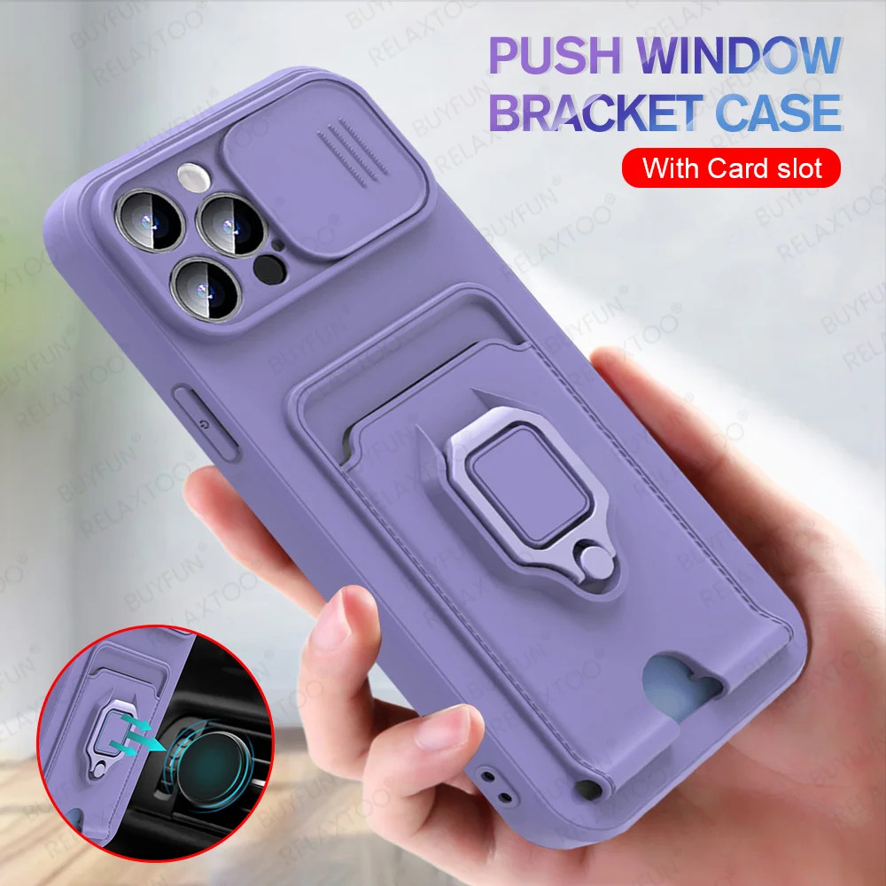 สไลด์ป้องกันกล้องสําหรับiphone 16 15 14 13 12 11 Pro Max Plusแหวนแม่เหล็กช่องใส่การ์ดกันกระแทกCoque