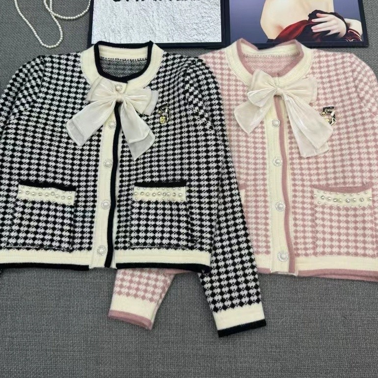 Dior2024 เสื้อกันหนาวประณีตโบว์ Houndstooth เสื้อกันหนาวคาร์ดิแกนแจ็คเก็ตถัก