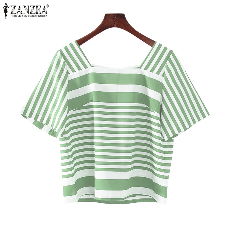 ZANZEA ซานเซีย ผู้หญิงเกาหลีลําลองคอสี่เหลี่ยมแขนสั้นลายเสื้อหลวม