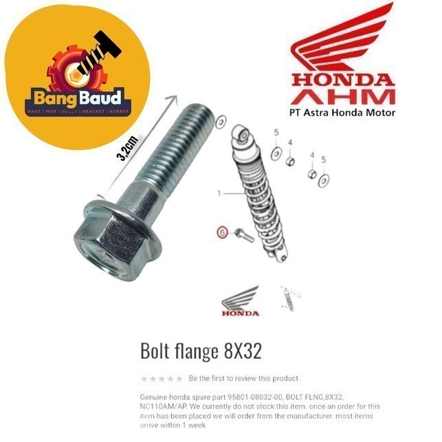 BOLT RATU FLAANGE M8 32 mm 95801-08032-00 REAR SHOCK BOLT HONDA PCX ADV VARIO. 3.2ซม. LONG SHOCKBLEK