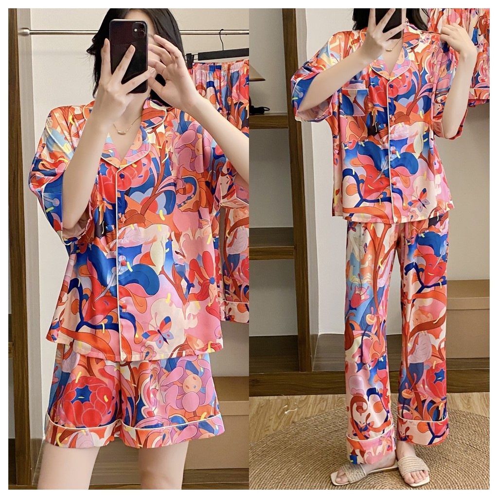 ฤดูร้อนลําลองหลวมรุ่นสวมใส่ด้านนอกสีแดงพิมพ์ผ้าไหมน้ําแข็งแขนสั้น ชุดลําลอง อืม088