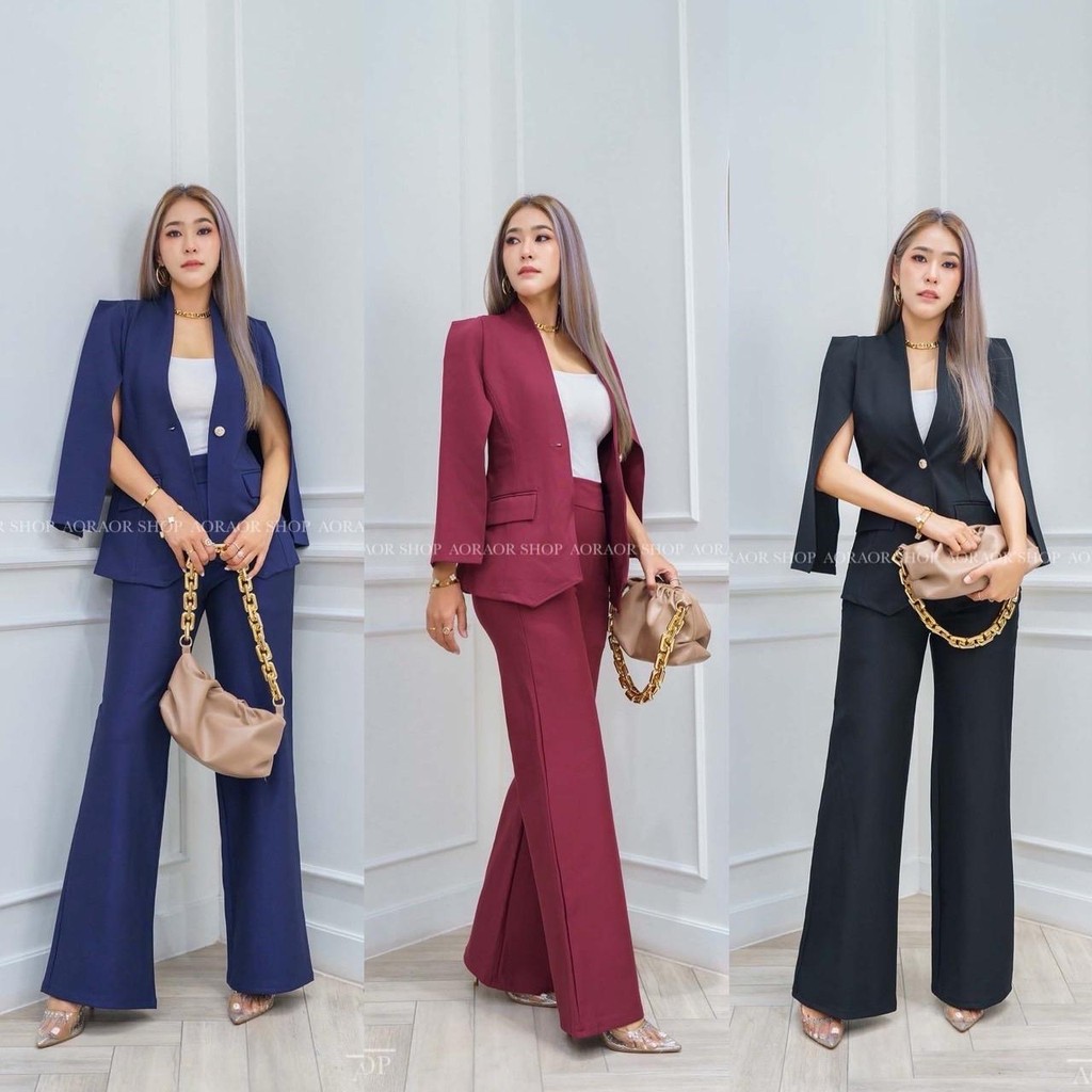 เซตสูทผ่าแขน 2 ชิ้น: เสื้อสูทผ่าเเขน เเมทกางเกงขากระบอกใหญ่เอวสูง กระเป๋าเสื้อและกางเกงใช้งานได้ กางเกงงานซิปหลัง