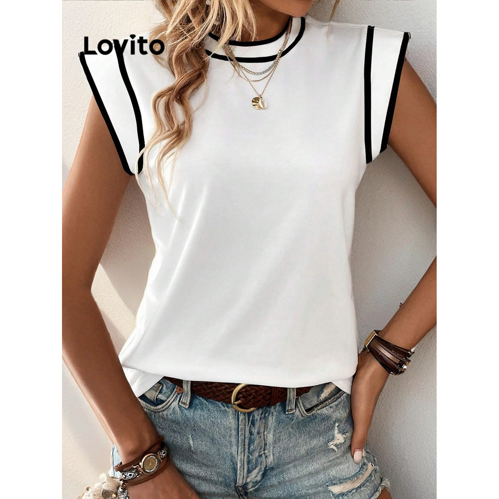 Lovito เสื้อยืดเย็บผ้าเรียบหรูสำหรับผู้หญิง LBL16167