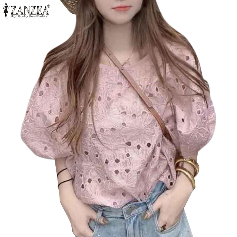 ZANZEA ซานเซีย ผู้หญิงเกาหลีแฟชั่นรอบคอโคมไฟครึ่งแขนเสื้อกลวง