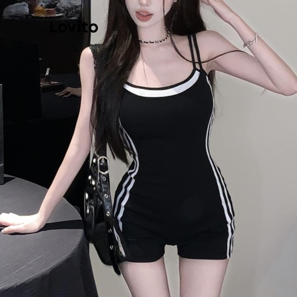 Lovito จั๊มสูทผู้หญิง เย็บหลอกสองชิ้น สีพื้น คัลเลอร์บล็อก สไตล์ลำลอง LNM65195