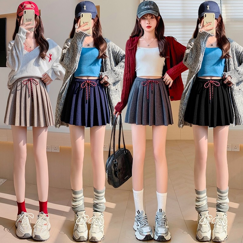Suxi Retro Sweet Casual Elegant ฤดูใบไม้ร่วงใหม่เอวสูงผู้หญิงถัก A-line กระโปรงสั้น 240926