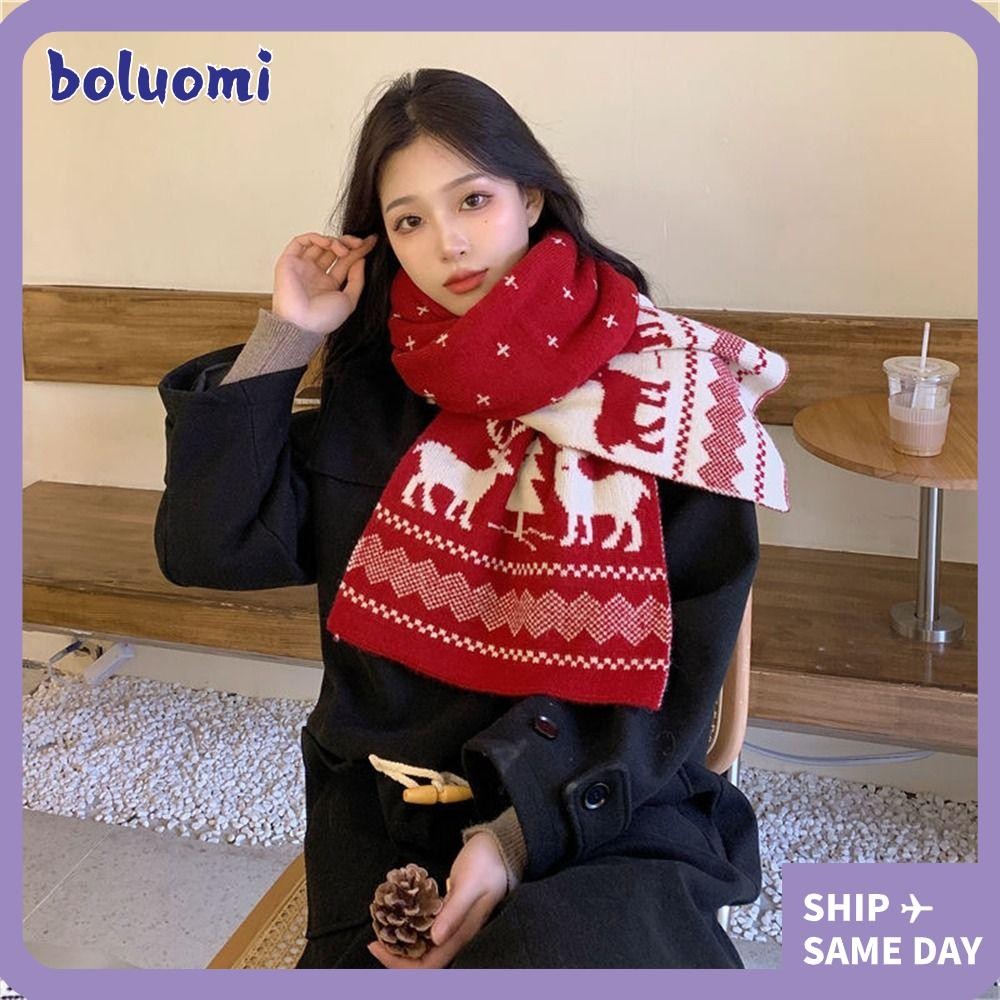 ผ้าพันคอสีแดง โบลูโอมิ ลายคริสต์มาสถักผ้าพันคอยาวบุคลิกภาพฤดูหนาวที่อบอุ่นพิมพ์เกล็ดหิมะผ้าพันคอสองด้านสําหรับผู้หญิงสาว