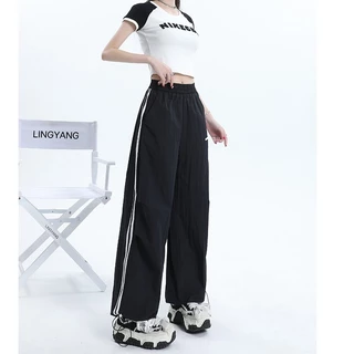 Luna Shop 🍒 กางเกงขากว้างกีฬาเย็บลายอเมริกันสำหรับผู้หญิงปี 2024 ชุดเอี๊ยมลำลองเอวสูงใหม่