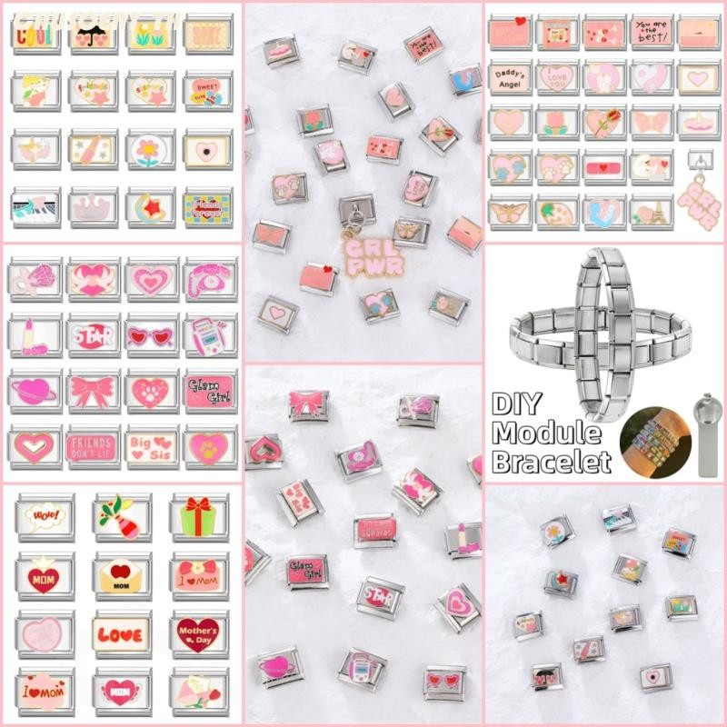 ยอดนิยม Love Unicorn Heart ดอกไม้สีชมพูอิตาเลี่ยน Charm Links Fit 9 มม.สร้อยข้อมือสแตนเลสทําเครื่องประดับ