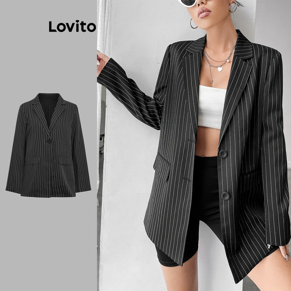 Lovito เสื้อเบลเซอร์กระเป๋าปลอมปุ่มลายทางหรูหราสำหรับผู้หญิง L106AD396