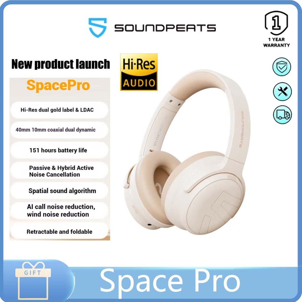 SoundPEATS Space Pro Dual Gold Label Headset noise-cancelling Bluetooth headset Comfortable wear 151H ultra long endurance coaxial dual moving coil sound quality headphones