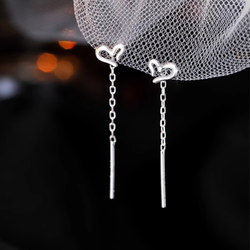 Roselife S925 Silver Chain Heart Dangle ต่างหูสําหรับผู้หญิงสาว Drop ยาวหูเครื่องประดับอุปกรณ์เสริม - รูปที่ 7
