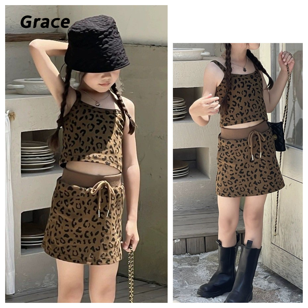 [Grace] Girls Merad Leopard Print Suit 2024 Summer Baby Girl Camisole+Skirt ชุดสูทสองชิ้น