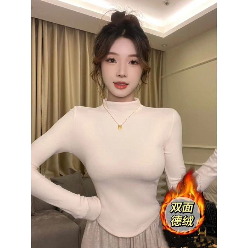 เสื้อแขนยาวบางรัดรูปกึ่งคอเต่าฤดูใบไม้ร่วงของผู้หญิง
