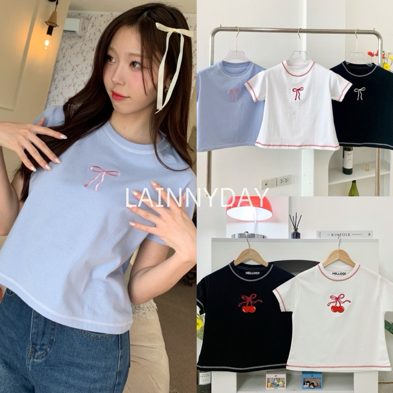 เสื้อ baby tee ปักโบว์ แต่งตะเข็บด้าย งาน Helloo100%
