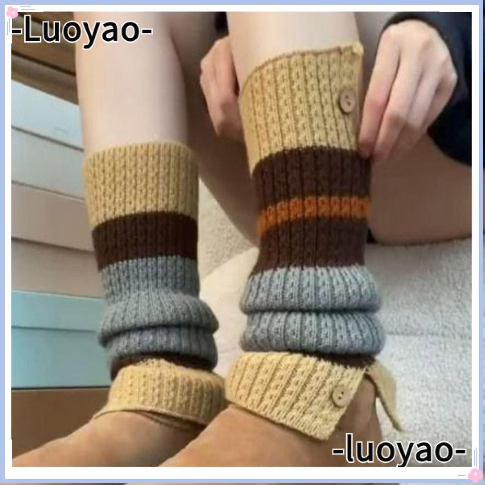 Luoyao 1 คู่ Retro ขาอุ่น, Kawaii ฤดูหนาวเข่าลูกวัวถุงเท้ายาว, Y2K ผู้หญิง Contrast สีกองถักขนสัตว์ถุงเท้ายาว