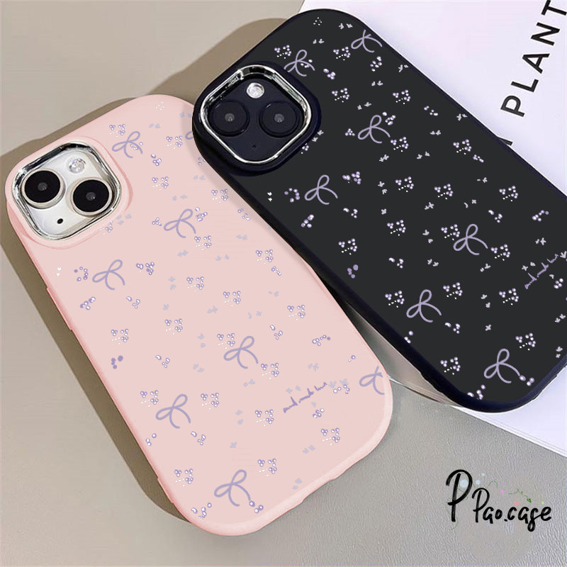 โบว์สีม่วงหวาน เข้ากันได้เคสไอโฟน 16 11 13 12 14 13 15 11 16 Pro Max 7 11 14 Max XR XS X Plus SE น่ารักดอกไม้เล็ก ๆ เคส