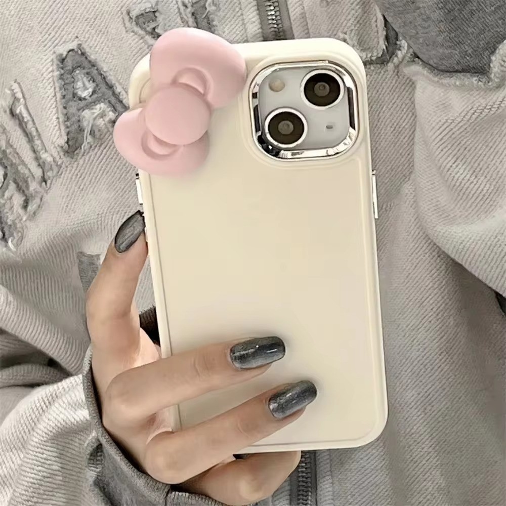 เกาหลีน่ารัก3dสีชมพูbowknotสําหรับiphone 16 Pro Max 15 14 13 12 11 Pro Max X XS Max XR 7 8 Plus SE2 3Dแมวหูใหญ่กรอบโลหะกันกระแทกซิลิโคนนุ่มฝาครอบ