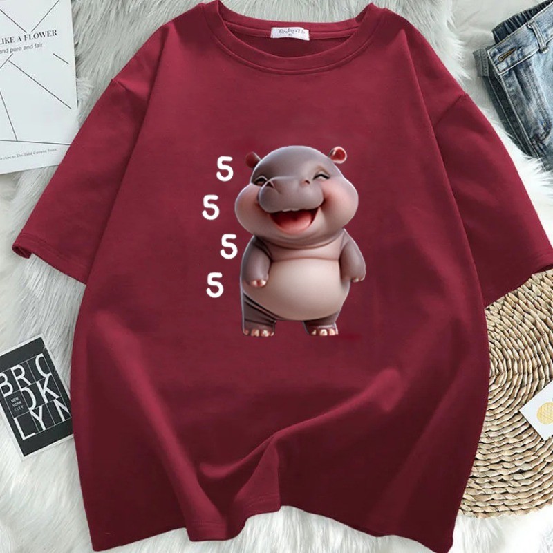 หมูเด้งหมูเติ้งการ์ตูนพิมพ์หลวมแขนสั้นผู้หญิงเสื้อยืดคอกลมเก๋ด้านบน อิน แฟชั่นคู่