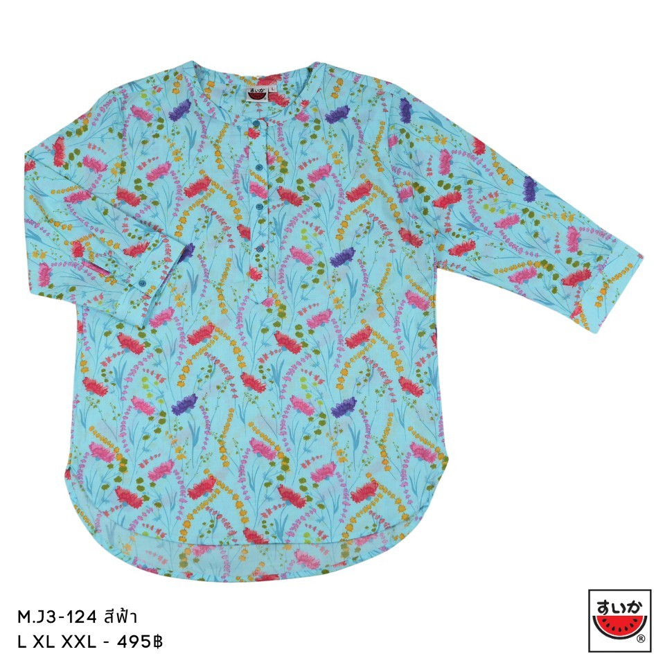 เสื้อแตงโม (SUIKA) - เสื้อผ้าป่านมัสลิน คอจีนเล็ก กระดุมหน้า 4 เม็ด แขนสามส่วน ลายดอกไม้ (M.J3-124 )