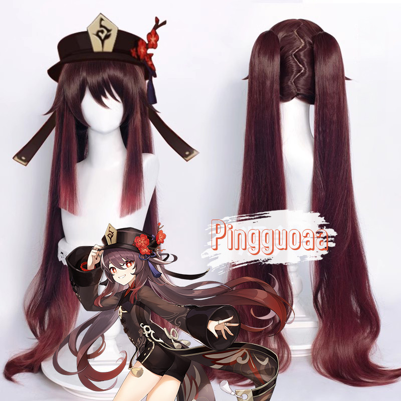 【Manmei】Genshin Impact HuTao Cosplay Wig 110cm Long Brown Ponytails Heat Resistant Synthetic Hair