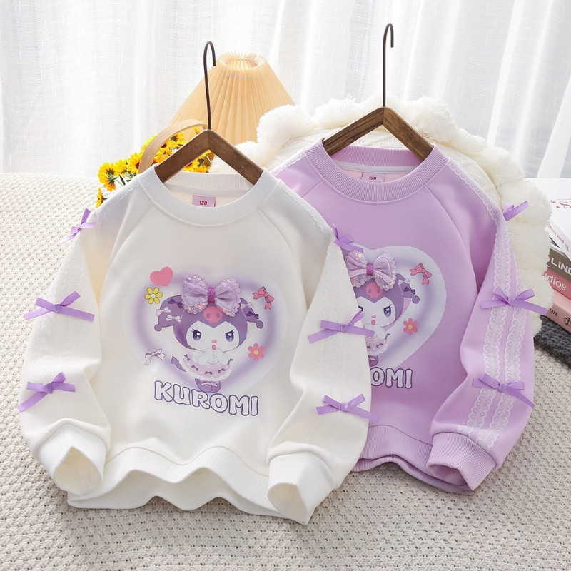สาว Kuromi Sweatshrits 3D โบว์ลูกไม้หวานแขนยาวเสื้อยืดเด็ก Oversize Cotton Tops เด็กน่ารักเสื้อผ้า