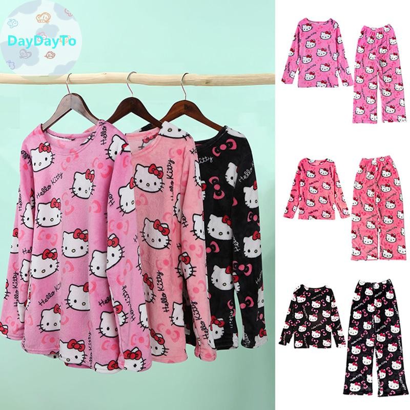 Daydayto การ์ตูน Hello Kitty Flannel ชุดนอนน่ารัก KT แมวฤดูใบไม้ร่วงฤดูหนาวแฟชั่นกางเกงชุดนอน Soft Thicken Warm Casual เสื้อผ้า TH