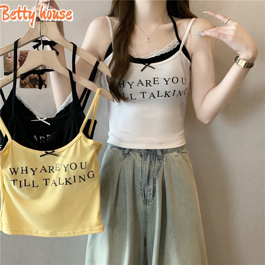 Betty house พร้อมส่ง เสื้อกล้าม y2k เสื้อยืดสายเดี่ยวผู้หญิง เซ็กซี่ พิมพ์ตัวอักษร ขอบลูกไม้ ไม่แยก