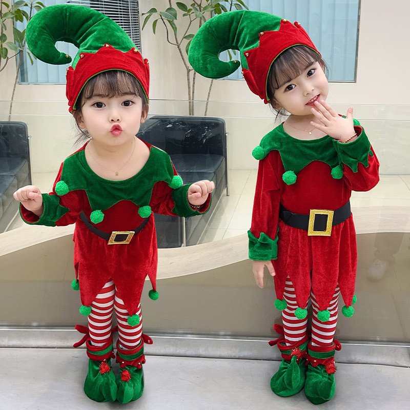 เสื้อผ้าคริสต์มาสเสื้อผ้าเด็กชุดเด็กผู้หญิงสีแดงสีเขียวเอลฟ์เสื้อผ้าคริสต์มาส