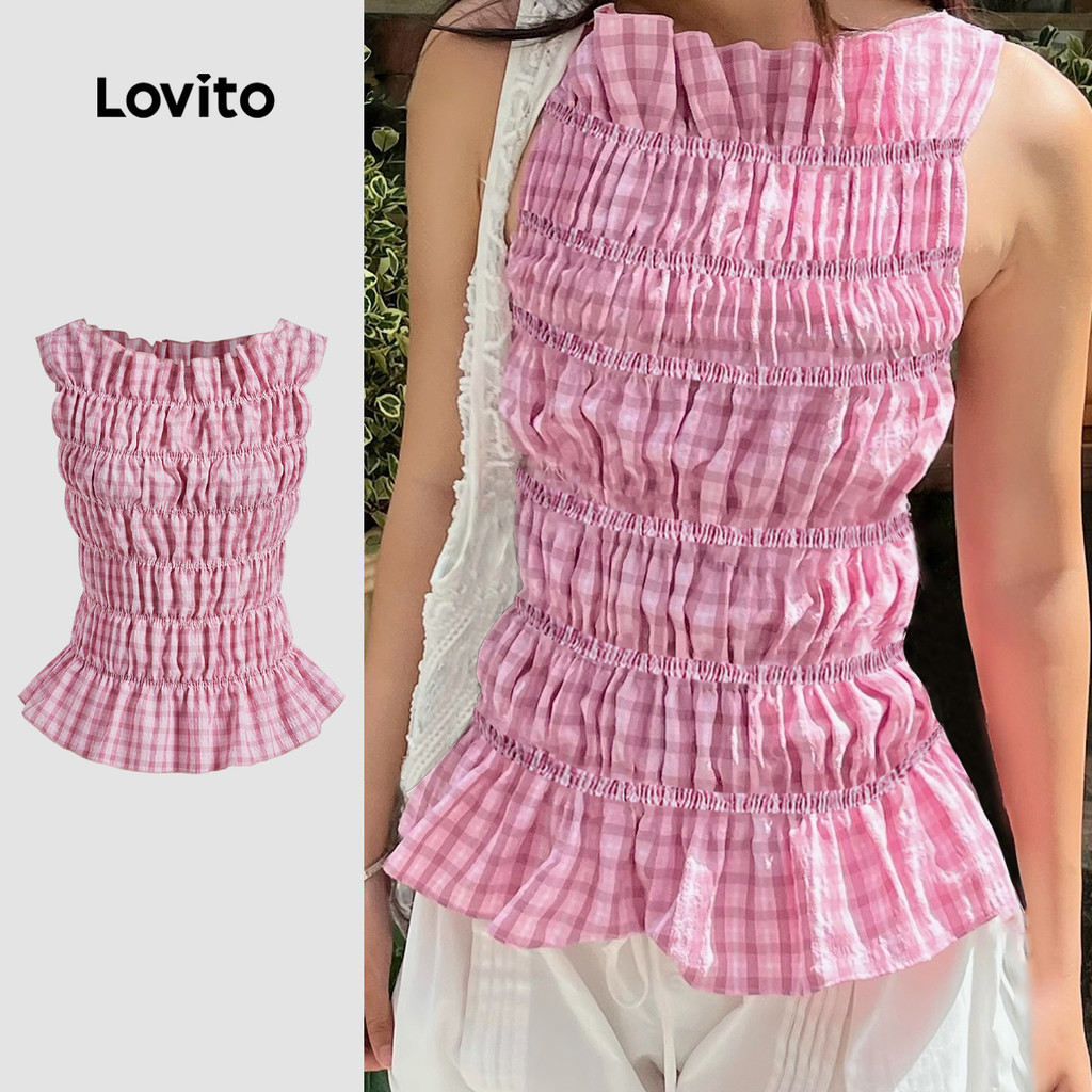 (พร้อมส่ง)Lovito เสื้อกล้ามสม็อคลายตารางน่ารักสําหรับผู้หญิง L125AD139