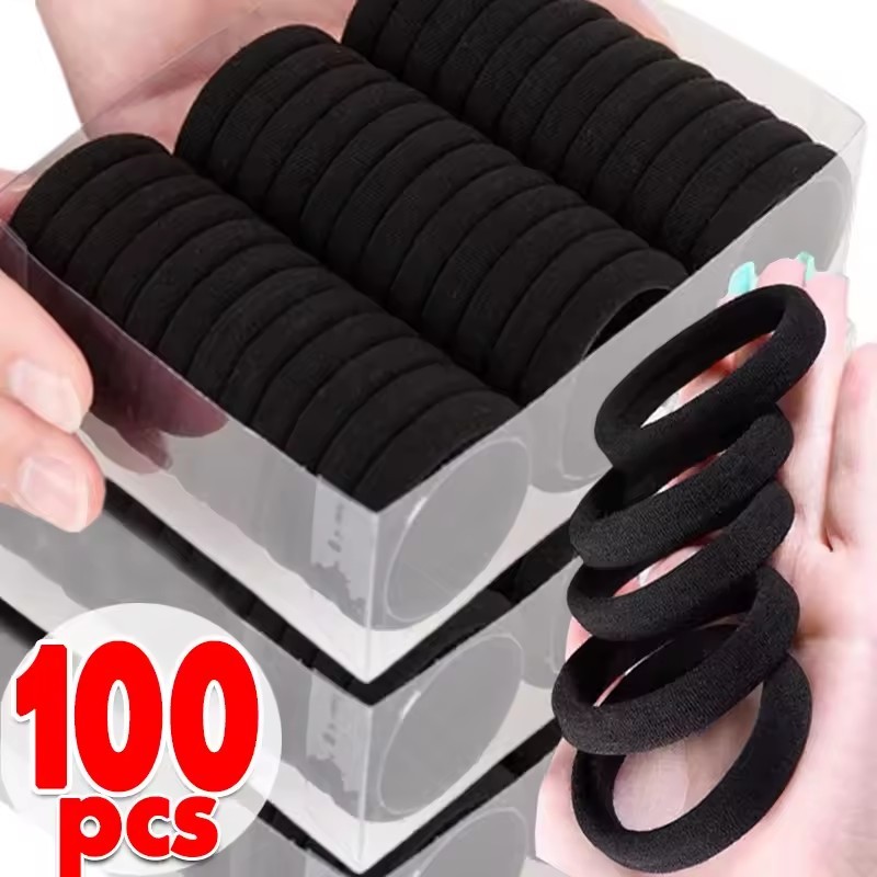 ยางรัดผมยืดหยุ่นสูง สีดำ สำหรับหางม้า และ scrunchies 50/100/200 ชิ้น
