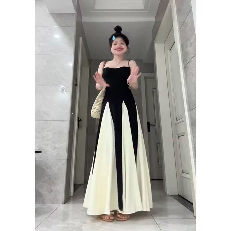 T T2 French Stitching Contrast Color Sling Dress ผู้หญิงฤดูร้อนออกแบบเอวแคบ a-Line กระโปรงขนาดใหญ่ Hem Mopping กระโปรงยาว