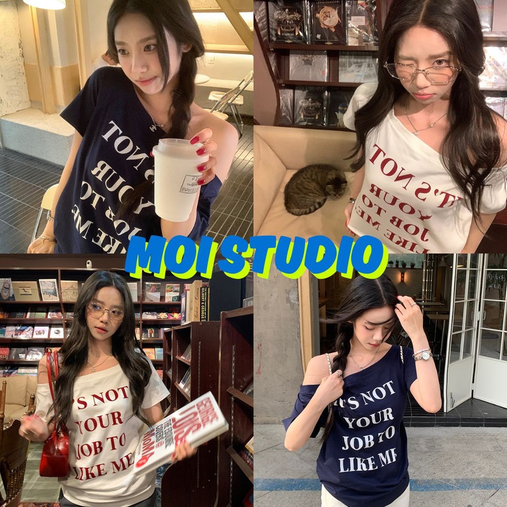 MOI 🍒เสื้อปาดไหล่แขนสั้นผู้หญิง สไตล์วินเทจ ใส่สบาย ผ้านิ่ม ทรงOversize แมทช์ง่าย ได้ทุกลุค น่ารักละมุน ใส่ได้ทุกวัน💖​​​