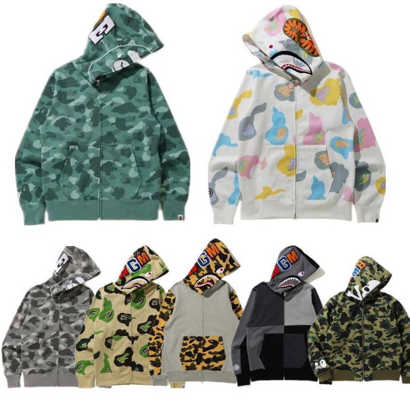 สเวตเตอร์ฮู้ดดี้ลายเสือฉลาม Bape สำหรับผู้ชาย พร้อมซิปรัดรูปและเทคโนโลยีการพิมพ์ดิจิตอลคุณภาพสูง