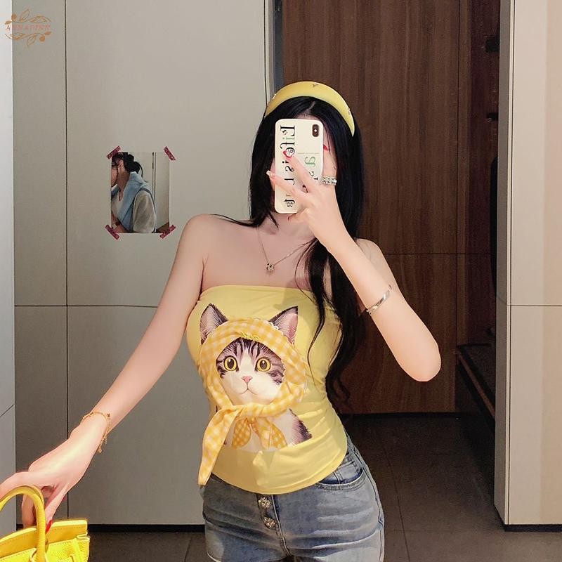 เสื้อกั๊กแฟชั่นฤดูร้อนแบบเซ็กซี่และหวาน เดไซน์ลายแมวน่ารักสำหรับผู้หญิง