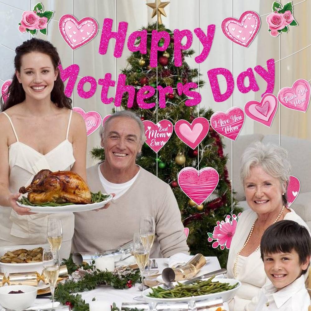 ธงราว ธงแบนเนอร์ ป้ายวันแม่ ธง Happy Mother's Day ดึงดอกไม้ วันหยุด แบนเนอร์ Mom Banner ธง ธงราว ป้า