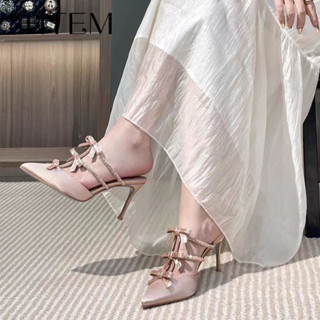 HTEM 35-40 หลาแชมเปญโบว์รองเท้าส้นเข็มผู้หญิงแหลมสำหรับงานปา…
