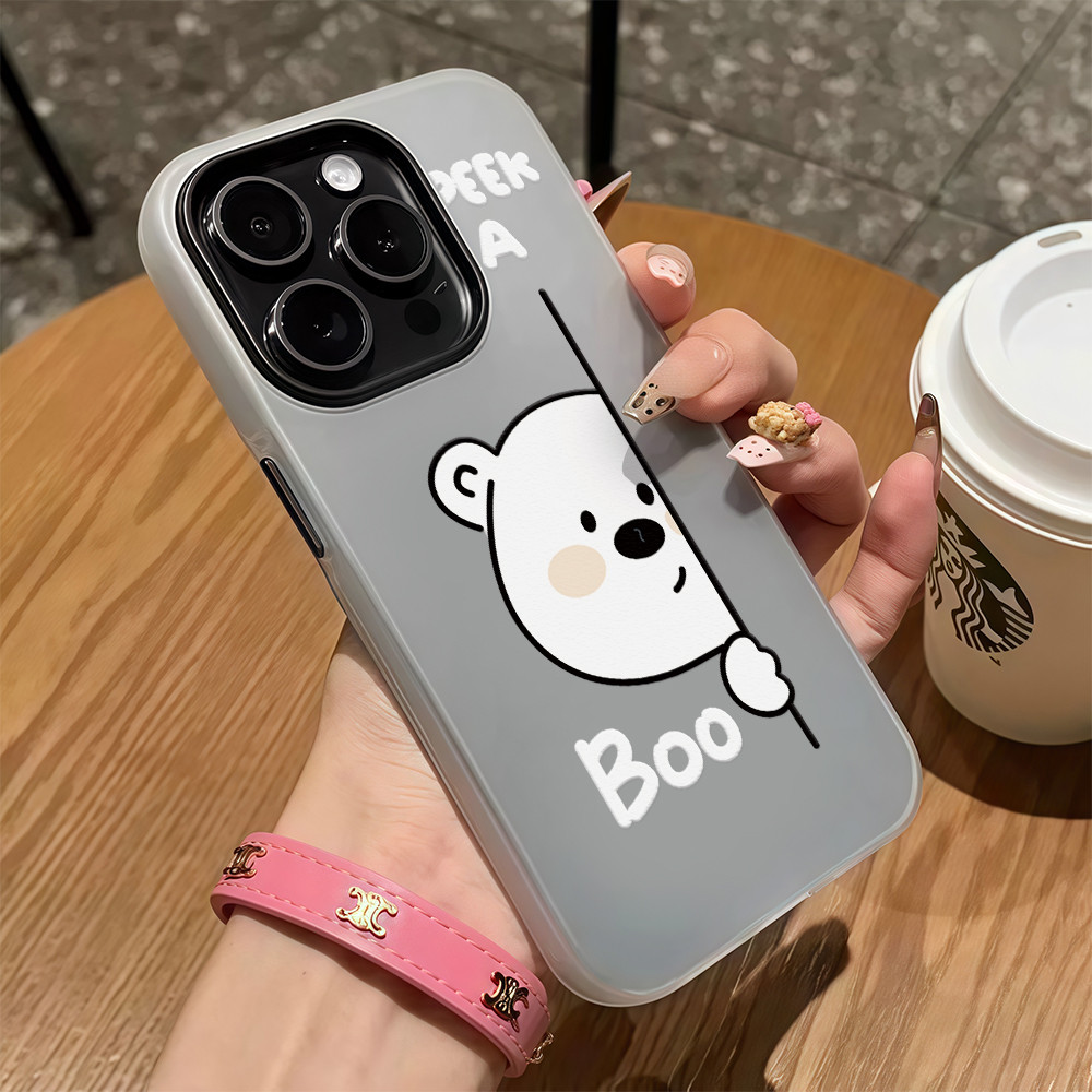 CODที่ไทย เคสไอโฟน12 หมีสีขาวแอบมอง ลายสนุก เคสด้านครอบสองชั้นสีสัน For IPhone13 11 12 14PLUS 6/7/8 15 16ProMAX X XS XR
