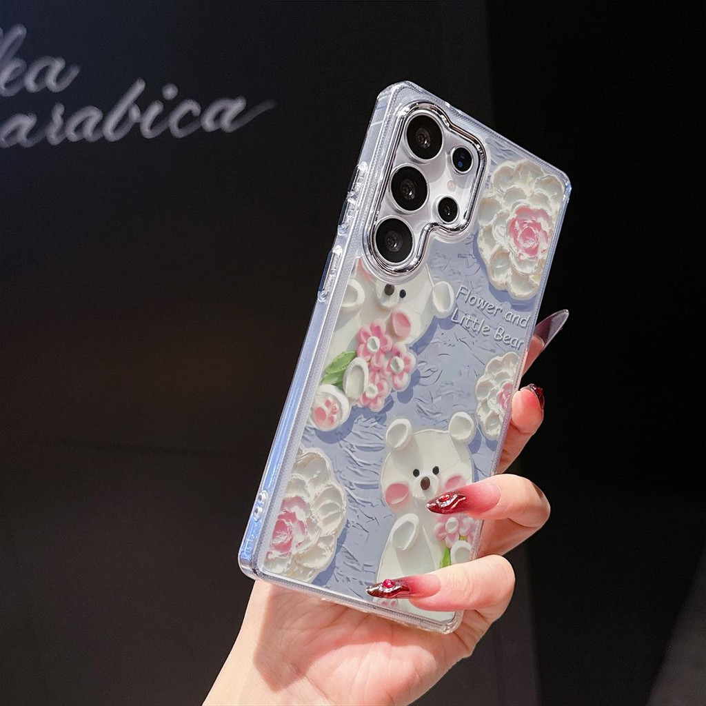 SAMSUNG โลหะใสกล้องเคสโทรศัพท์ตุ๊กตาหมีออกแบบการ์ตูนภาพวาดสีน้ํามันสําหรับSamsung A50 A51 A03CORE A3