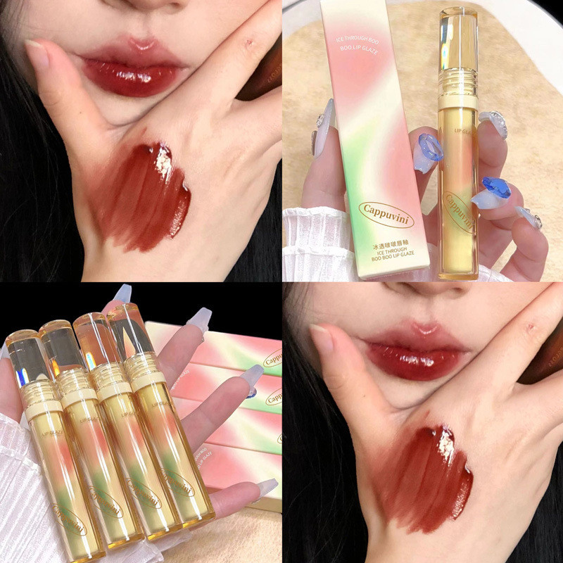 Cappuvini Ice Permeable Bobo Lip Gloss Water Gloss ลิปกลอส Lip Frozen Ice Tea Mirror Nude Glass Lip 