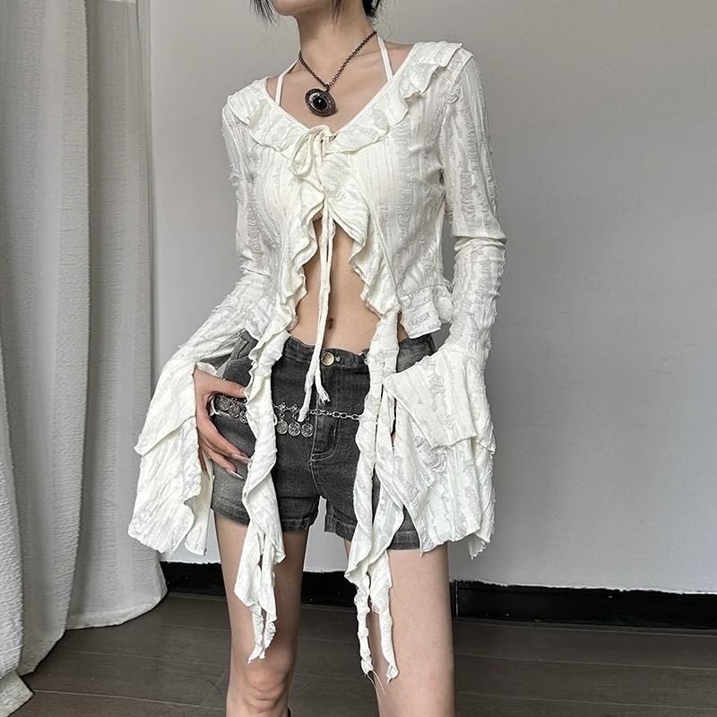 shayne-เสื้อสุภาพสตรี คอวี ประเภทรุ่น Slim Fit รุ่นสั้น วินเทจ สาวฮอต แฟชั่นฤดูร้อน ความรู้สึกของการออกแบบ ผูกขึ้น