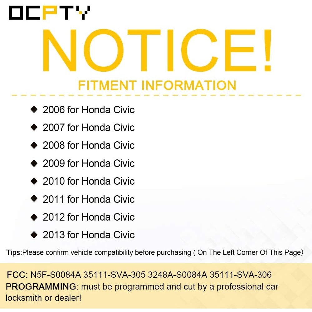 OCPTY Replacement 1Pcs Remote Head Key for Honda for Civic 2006-2013 N5F-S0084A 35111-SVA-305 3248A-
