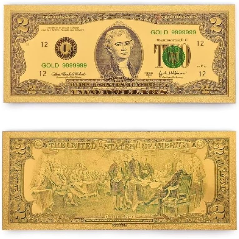 YIQILAFADA Gold 2 Dollar Bills, 10 Pack - Bills Gold Leaf Bills for Bookmarks, Kids and Party Decora
