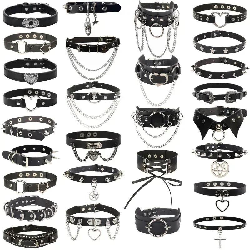 สร้อยคอ Punk Hip Hop ออกแบบจาก PU หนัง มีลวดลายหัวใจและ Pentagram สไตล์ Rock