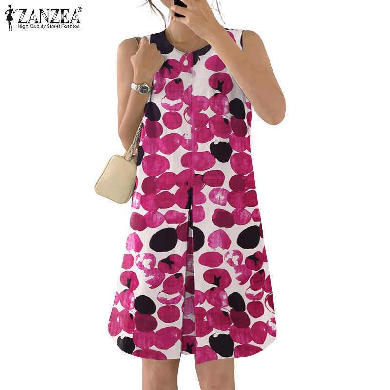 ZANZEA ใส่ ซานเซีย ผู้หญิงเกาหลีลําลองคอกลมแขนกุดลายจุดซ่อนตารางพิมพ์ชุด — صورة 4