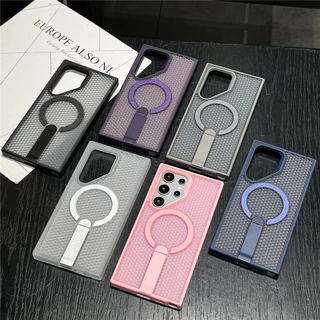 เคสโทรศัพท์ตาข่ายกลวงสําหรับ Samsung S25 S24 S23 S22 Ultra/Plus S24FE S25EDGE การกระจายความร้อนฝาครอบป้องกันแม่เหล็กวงเล็บโลหะ anti drop shell